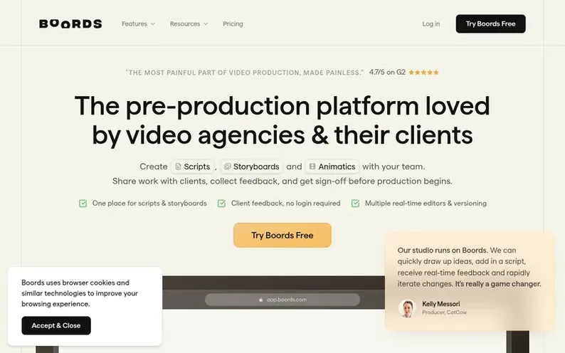 Screenshot of the Boords homepage