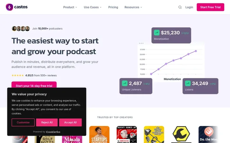 Screenshot of the Castos homepage