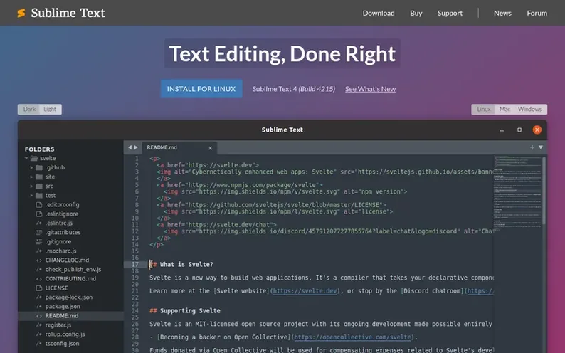 Screenshot of the Sublime Text homepage