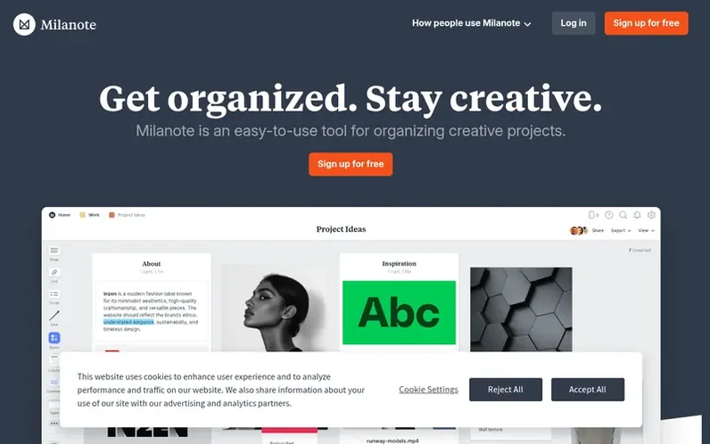 Screenshot of the Milanote homepage