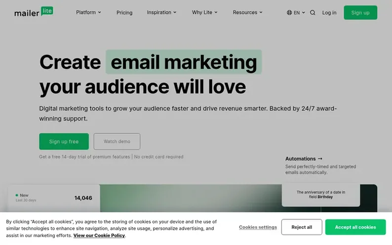 Screenshot of the MailerLite homepage
