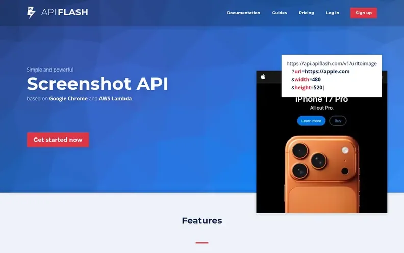 Screenshot of the ApiFlash homepage