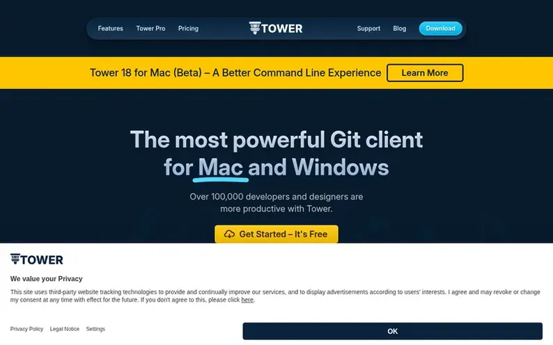 Screenshot of the Tower homepage