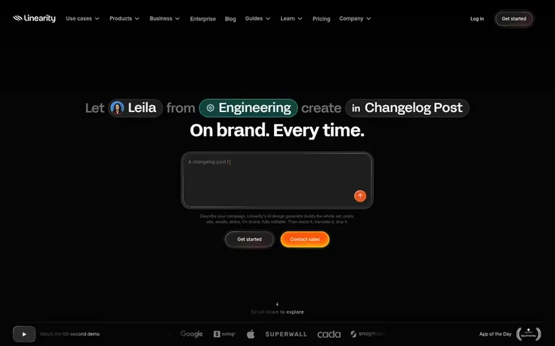 Screenshot of the Linearity homepage