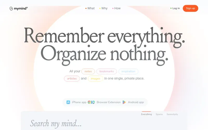 Screenshot of the mymind homepage