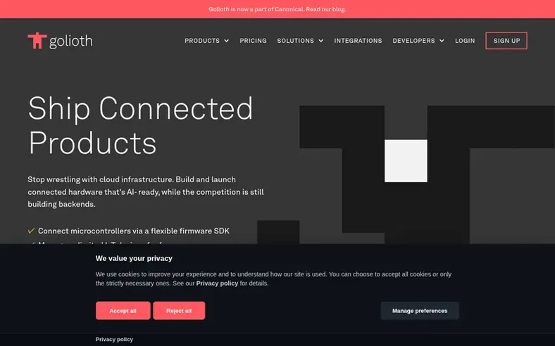 Screenshot of the Golioth homepage
