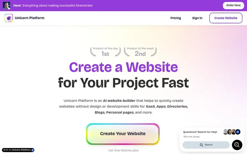 Screenshot of the Unicorn Platform homepage
