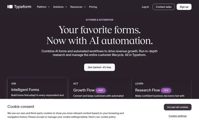 Screenshot of the Typeform homepage