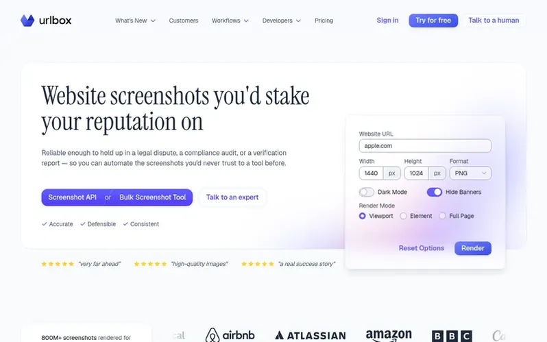 Screenshot of the Urlbox homepage
